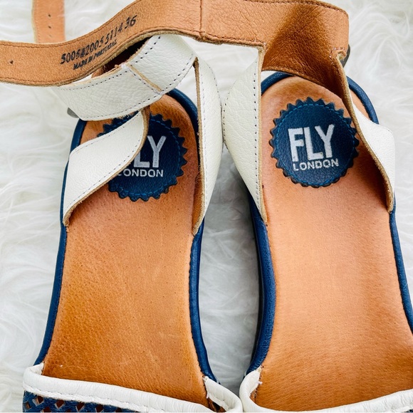 Fly London Navy Blue Perforated Mesh Leather Low Platform Sandal - Picture 2 of 16